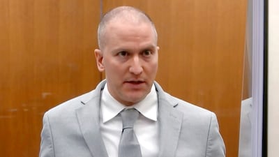 Former police officer Derek Chauvin addresses the court in Minneapolis in June 2021. AP