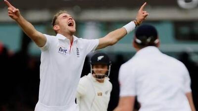 England’s Stuart Broad, left, celebrates the wicket of New Zealand’s captain Brendon McCullum in their first Test match at Lord’s.