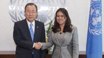 The United Nations secretary general Ban Ki-moon receives Lana Nusseibeh’s credentials at the UN. Wam