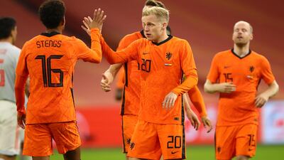 Donny van de Beek celebrates with Calvin Stengs after scoring Netherlands' equaliser against Spain. Getty Images