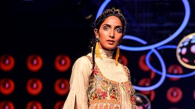 A model presents a creation by Chandrima during Lakme Fashion Week summer/resort 2020 in Mumbai, India, on February 12, 2020. AFP