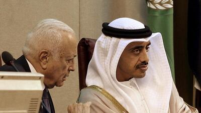 Foreign Minister Sheikh Abdullah bin Zayed and Arab League chief Nabil Al Arabi, left, chat before an emergency meeting in Cairo on January 10, 2016. Asmaa Waguih / Reuters