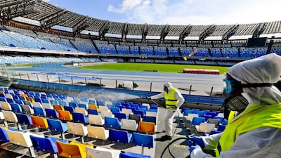Napoli's Stadio San Paolo is sprayed with disinfectant on March 4 as a precaution against the coronavirus. EPA