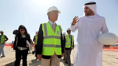 Mohammed al Mubarak, right, the chief commercial officer for Aldar Properties, and Mile Franicevic, the group director of retail for Al-Futtaim, at the IKEA store ground breaking on Yas Island yesterday.