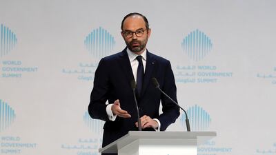 Edouard Philippe, Prime Minister of France speaking on the first day of World Government Summit 2018 held at Madinat Jumeirah in Dubai. Pawan Singh / The National