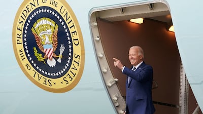 US President Joe Biden disembarks Air Force One after arriving in Los Angeles, California. Reuters