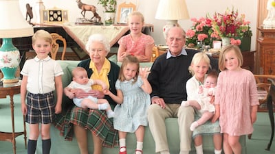 Britain's Queen Elizabeth II and Prince Philip, Duke of Edinburgh with seven of their great grandchildren. AFP