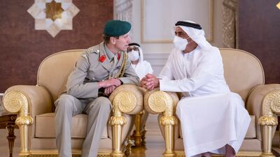 Col Jaimie Norman, Military Assistant to the British Prime Minister, speaks with Lt Gen Sheikh Saif bin Zayed, UAE Deputy Prime Minister and Minister of Interior