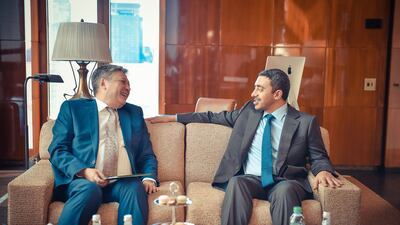 Sheikh Abdullah bin Zayed, Minister of Foreign Affairs and International Cooperation, with Erlan Abdyldaev, Kyrgyz Minister of Foreign Affairs. WAM