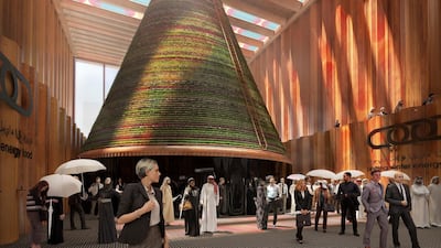 The Netherlands pavilion at Expo 2020 Dubai will harvest water, energy and food in a cone-shaped vertical farm. V8 Architects