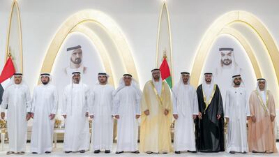 Sheikh Mohammed bin Rashid and Sheikh Mohamed bin Zayed attend the wedding of Saeed Al Gergawi. Seen with Mohamed Al Gergawi, Sheikh Maktoum bin Mohammed, Sheikh Saif bin Zayed, Sheikh Ahmed bin Mohammed, Sheikh Khalid bin Mohamed, Deputy National Security Adviser and Chairman of the Abu Dhabi Executive Committee, and other dignitaries. Mohamed Al Hammadi / Ministry of Presidential Affairs