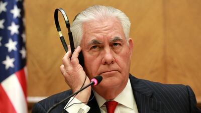 US Secretary of State Rex Tillerson attends a press confererence with his Jordanian counterpart Ayman Safadi (Unseen), in Amman, Jordan, 14 February 2018. During his two-day trip to Ankara Mr Tillerson will hold talks with Foreign Minister Mevlut Cavusoglu and President Recep Tayyip Erdogan. Andre Pain / EPA