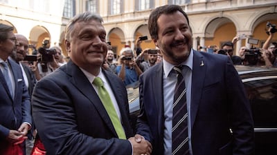Italy's Interior Minister Matteo Salvini (R) shakes hands with Hungary's Prime Minister Viktor Orban ahead of a meeting in Milan. AFP