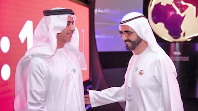 Sheikh Mohammed Bin Rashid speaks with Sheikh Saif bin Zayed, Deputy Prime Minister and Minister of Interior, and Sheikh Hamdan bin Mohammed, Crown Prince of Dubai, while attending the Arab Strategy Forum. Dubai Media Office