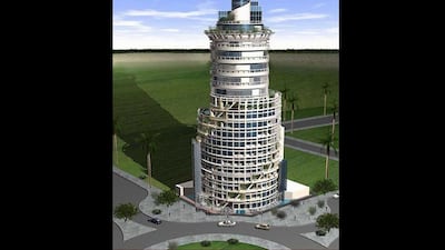 Above, a rendering of the Dh250 million Rotating Residence, a 16-storey freehold rotating tower of four rotating town houses and retail areas in Jumeirah Village South, which was scrapped. Courtesy High Rise Properties