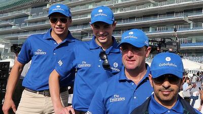 The wait is almost over for Godolphin jockeys William Buick, left, and James Doyle; trainers Charlie Appleby and Saeed bin Suroor as they approach the Dubai World Cup with confidence. Satish Kumar / The National