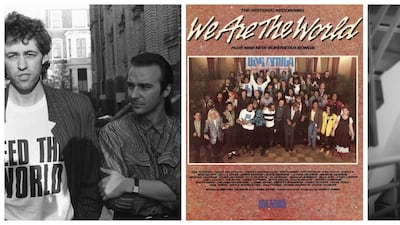 From left: Bob Geldof and Midge Ure, who wrote Do They Know it's Christmas?; supergroup USA for Africa; Egyptian rapper Marwan Pablo who performs on the charity single Rajieen. Photo: Getty Images, Sony, Sole DXB