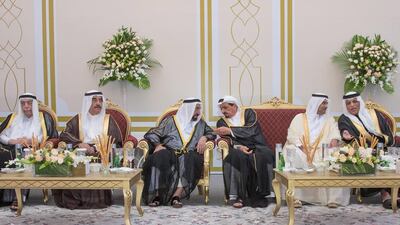 Dr Sheikh Sultan bin Mohammed Al Qasimi, Ruler of Sharjah, Sheikh Saud bin Rashid Al Mualla, Ruler of Umm Al Quwain, Sheikh Humaid bin Rashid Al Nuaimi, Ruler of Ajman, Sheikh Hamad bin Mohammed Al Sharqi, Ruler of Fujairah, and Sheikh Saud bin Saqr Al Qasimi, Ruler of Ras Al Khaimah, attend a reception hosted by Sheikh Mohammed bin Saud Al Qasimi, Chairman of Sharjah Finance Department, to celebrate his son’s wedding. Wam