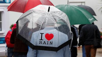 Spectators with umbrellas as rain delays play. Action Images via Reuters