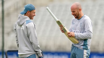 England's Jack Leach, right, who returns from a concussion injury for the Second Test against New Zealand, during a nets session at Trent Bridge on June 9, 2022. PA