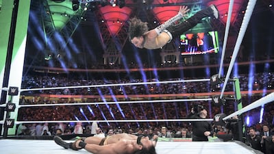 Jeff Hardy, right, defeated Jinder Mahal at the WWE Greatest Royal Rumble in Jeddah, Saudi Arabia, to retain the United States title. Courtesy WWE