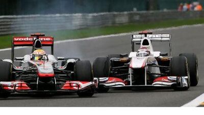 Lewis Hamilton, top left, has the inside line for the next corner ahead but chose to come in, and expected Kamui Kobayashi to back off.