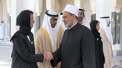 Noura Al Kaabi, UAE Minister of Culture and Knowledge Development, bids farewell to Dr Ahmed Al Tayeb. Rashed Al Mansoori / Ministry of Presidential Affairs