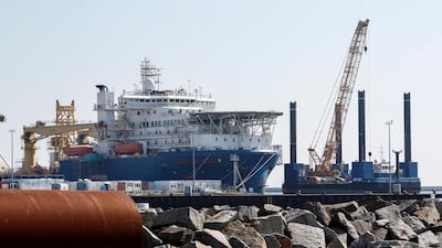 A Russian pipe laying vessel, Akademik Tscherskiâ, anchored in the harbour in Sassnitz, Germany. The vessel hsa been laying sections of the Nord Stream 2 pipeline under the Baltic Sea. Companies involved with the project have been threatened with sanctions by the US government. EPA