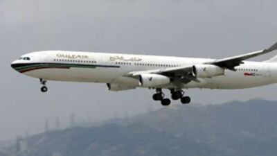 A Gulf Air aircraft preparing to land at Hong Kong international airport.