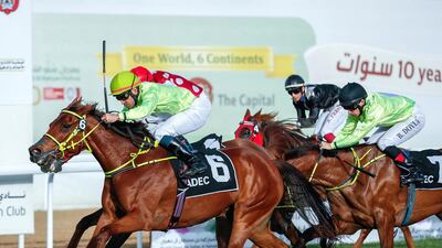 Fernando Jara atop Bushrah Al Reef sprints to victory for his second win of the day at the Abu Dhabi racecourse. Victor Besa / The National