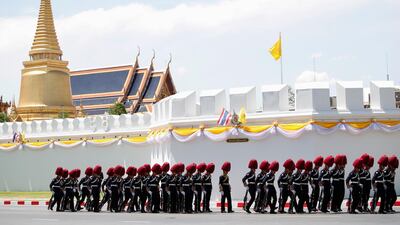 Thai royal guards stand in position during the coronation ceremony of Thai King Maha Vajiralongkorn Bodindradebayavarangkun outside the Grand Palace in Bangkok, Thailand. The elaborate three-day traditional coronation ceremony of Thai King Maha Vajiralongkorn is a formal ceremony to complete the monarch's accession to the throne. EPA