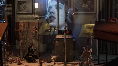 Mick Jagger forms the backdrop of a recreated music studio as part of Exhibitionism, the interactive multimedia exhibition of the Rolling Stones’ career so far, which launches at the Saatchi gallery in Kings Road. Joel Ryan/ Invision / AP
