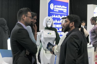 Zulekha Hospital displays an assistance robot at their booth in Dubai International Health Tourism Forum. Reem Mohammed / The National