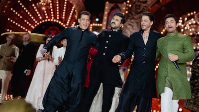Actors Salman Khan, Ram Charan, Shah Rukh Khan and Aamir Khan perform. Photo: Reliance Industries