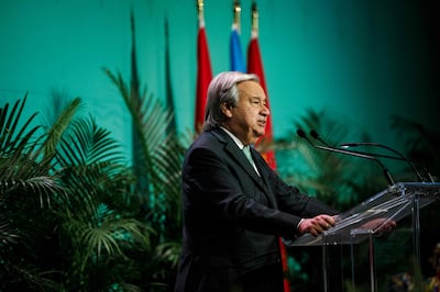 UN Secretary General Antonio Guterres speaks during the opening ceremony of Cop15. AFP