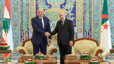 Algerian President Abdelmadjid Tebboune, right, welcomes Lebanese President Joseph Aoun at Houari Boumediene Airport in Algiers on Tuesday. Photo: Lebanese Presidency / X