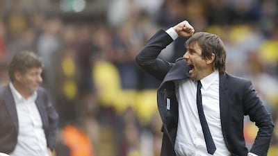 Chelsea manager Antonio Conte celebrates after his team defeated Watford in the Premier League on Saturday, August 20, 2016. Frank Augstein / AP Photo