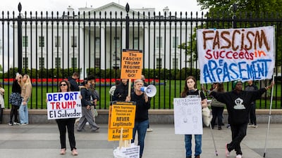 Campaigners protest against the deportation of Maryland resident Kilmar Abrego Garcia and against US President Donald Trump in front of the White House in Washington on April 15. EPA