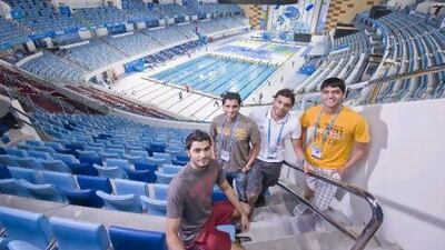 From left to right: Saeed, Bakheet, Obaid and Faisal al Jasmi of the UAE swimming team will enter the Guinness Book of Records tomorrow when they compete in the 4x100m freestyle relay as the first set of brothers to do so as a foursome in the Short Course Worlds. Charles Crowell for The National
