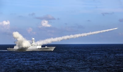 A Chinese missile frigate launches an anti-ship missile. AP Photo