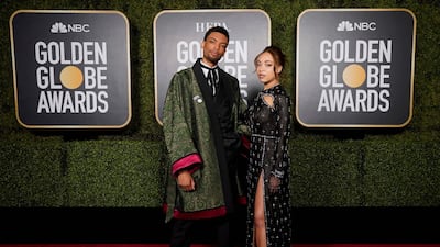 Golden Globe Ambassadors Jackson Lee and Satchel Lee, both in Gucci, attend the 78th annual Golden Globe Awards in New York, US, on February 28, 2021. AFP