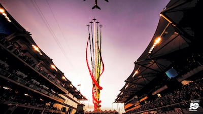 Everyone loves a fly past! It’s now a tradition that with 15 minutes until lights out an Etihad Airbus 380 is escorted by the Al Fursan aerobatic display team. A suitably stunning purple-hued sky provided a visually arresting scene for the 2017 show.