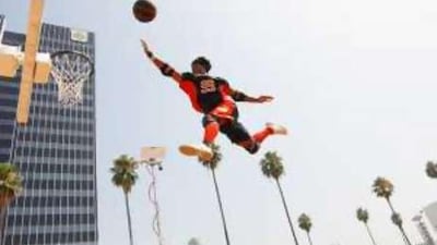 LaMonica Garrett shows off his Slamball moves at an exhibition in Los Angeles, California.