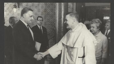 Friar Jacques Jomier greets the Egyptian president Gamal Abd Al Nasser, in March 1969 shortly before the president's death in 1970. Courtesy of the Dominican Institute for Oriental Studies