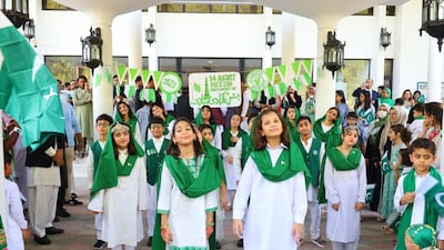 Pupils sing the Pakistan national anthem at the Pakistan Embassy in Abu Dhabi on August 14. Photo: Pakistan Embassy Abu Dhabi