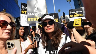 SAG-AFTRA President actress Fran Drescher arrives at Netflix picket line in Los Angeles, California, on Friday. AFP