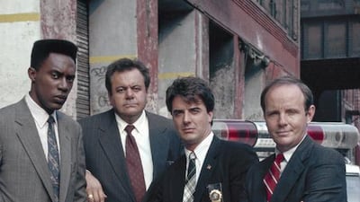 The cast of the first season of Law & Order, from left, Richard Brooks, Paul Sorvino, Chris Noth and Michael Moriarty. Linda A Vanoff / NBC / NBCU Photo Bank via Getty Images