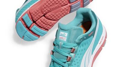Pump action. Snazzy sneakers are called for when pounding the pedals to work and Puma has new designs for men and women. Dubbed the Faas 600 v2 WN, the trainers are supposedly ideal for walking, cycling and running. Features include a decoupled heel crash pad and a deep lateral release, which basically means flexibility is improved and a smooth heel-to-toe transition is guaranteed. The flexi-footwear promises to allow you to pedal harder, cycle faster and look on-trend. The shoes are available in aquamarine and white from Dh540 at Puma in Dubai Mall. www.puma.com. Courtesy Puma