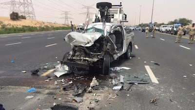 Two people were killed and four others seriously injured in a crash on Emirates Road. Courtesy Dubai Police