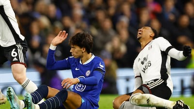 Soccer Football - Premier League - Fulham v Chelsea - Craven Cottage, London, Britain - January 12, 2023 Chelsea's Joao Felix reacts after a foul against Fulham's Kenny Tete Action Images via Reuters/Peter Cziborra EDITORIAL USE ONLY. No use with unauthorized audio, video, data, fixture lists, club/league logos or 'live' services. Online in-match use limited to 75 images, no video emulation. No use in betting, games or single club /league/player publications. Please contact your account representative for further details.